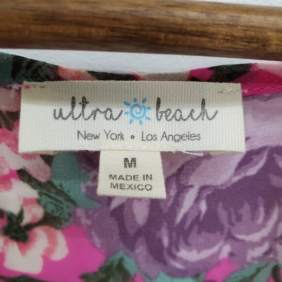 NWT Womens Floral Swimsuit Coverup Sz M Pink Sheer Cinched Waist V-Neck Beach‎ - Picture 12 of 16